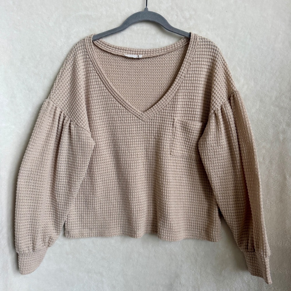 Lush Womens Oatmeal Waffle Knit Crop Top Balloon Sleeve Chest Pocket Sz Med